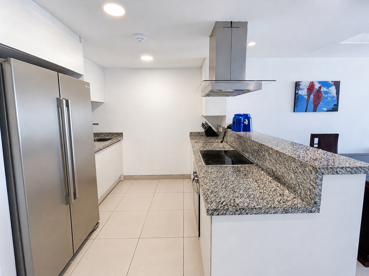 Modern kitchen with granite island and stainless steel appliances at the Poseidon condo